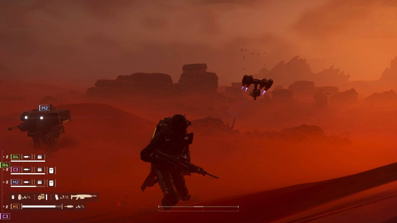 Helldivers 2 desert mech dog view