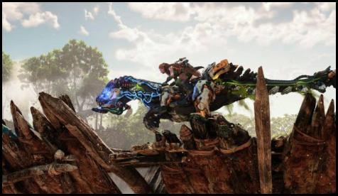 Horizon Forbidden West clawstrider mount on bridge