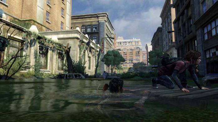The Last Of Us Joel Ellie screenshot flood plank